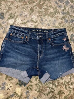 American Eagle Outfitters Dark Blue Denim Shorts with Pink Butterfly Embroidery